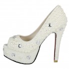 Sophisticated Pearl Covered Peep Toe Platform 5.5 Inches High Heels Wedding Party Shoes