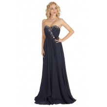 Elegant Long Midnight Blue Evening Gown With Embroidery & Beads