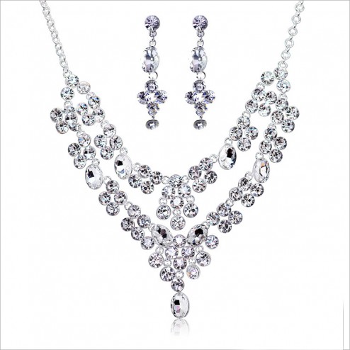 Truly Incredible Silver Crystals Necklace and Drop Earrings Set