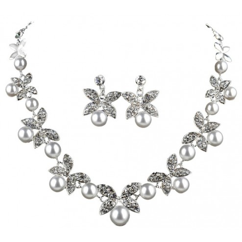 Sparkling Crystal Clover Pearl Necklace And Earring Jewellery Set