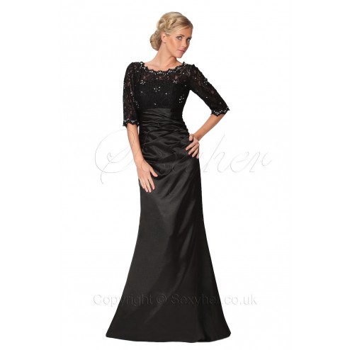 Elegant Beaded Half Sleeve Lace Black,Burgundy Evening Gown