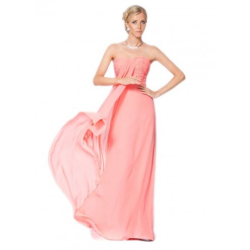 Classic and Elegant Strapless Long Evening Coral Bridesmaid Dress