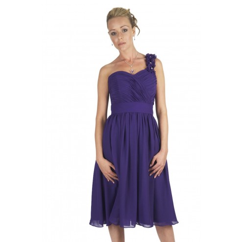 Glamorous One Shoulder Cadbury purple Bridesmaid DresS Cocktail Dress With Flowers Details