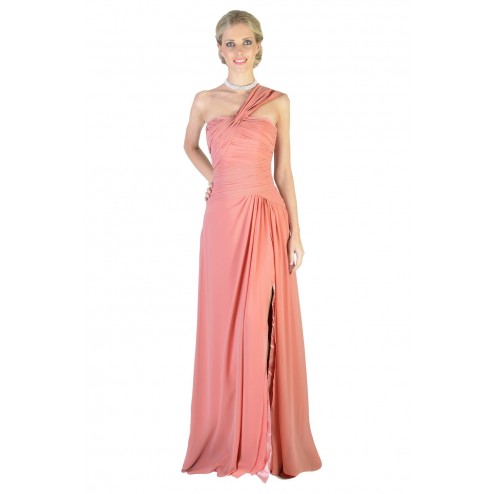 Grecian Side Cut One Shoulder Short Shawl Dusky Pink Lace Back Long Formal Bridesmaids Dress