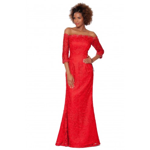 SEXYHER Red Elegant Beaded Half Sleeve Lace Evening Gown