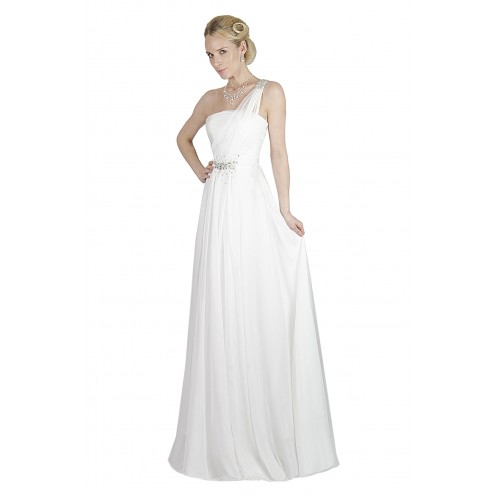 Sophisticated White One Shoulder Ruched Evening Gown