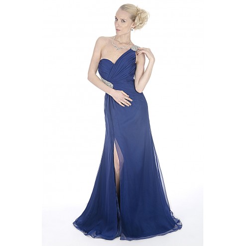 Stunning Midnight Blue Chiffon Backless Full Length Evening Prom Dress