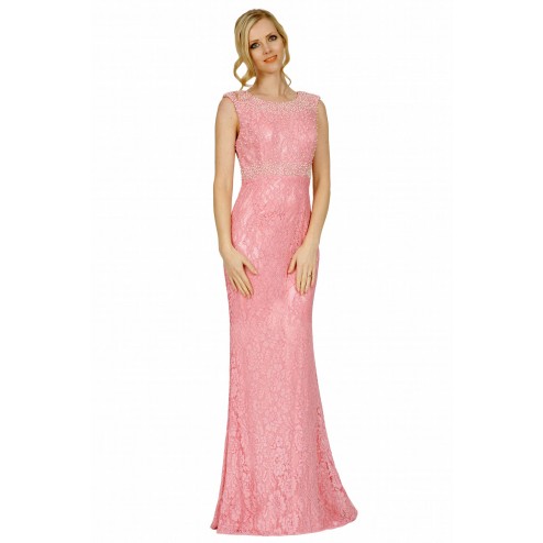 SEXYHER Charming Trumpet Mermaid Lace Covered Beading Long Evening Pink Bridesmaid Dress - EDY8029