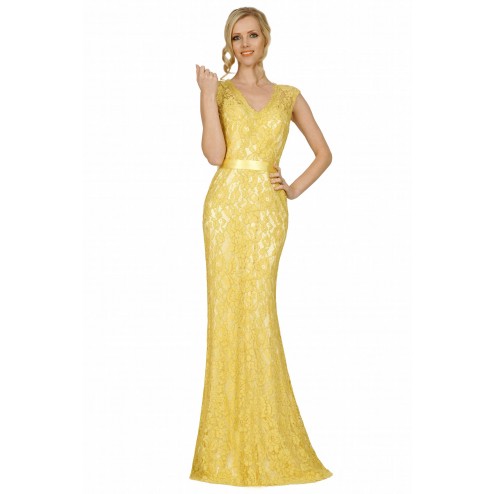 SEXYHER Charming Trumpet Mermaid Lace Covered Long Evening Yellow Bridesmaid Dress - EDY8031