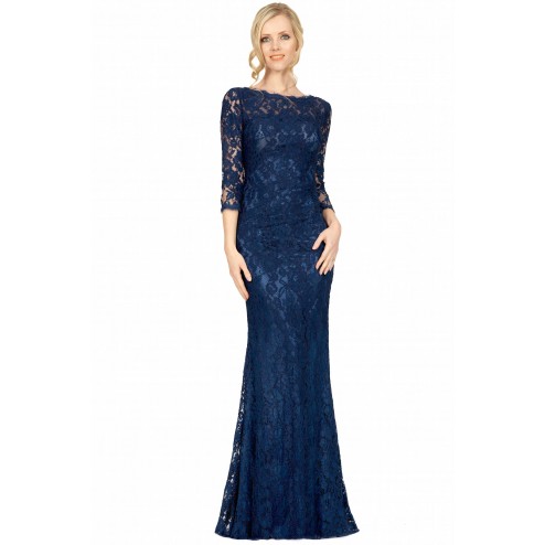 SEXYHER Charming Trumpet Mermaid Lace Covered Long Sleeve Evening Midnight Blue Bridesmaid Dress - EDY8032