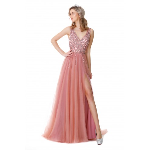 Long sequinned top prom dress with side slit and sweep train -EG4001