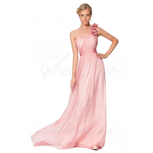 Romantic One Shoulder Champagne,Light Dusky Pink Bridesmaids Evening Dress With Beautiful Flowers