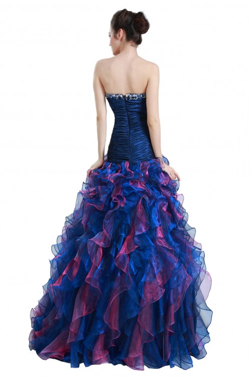Strapless Ball Gown Evening Blue Dress With Embroideries