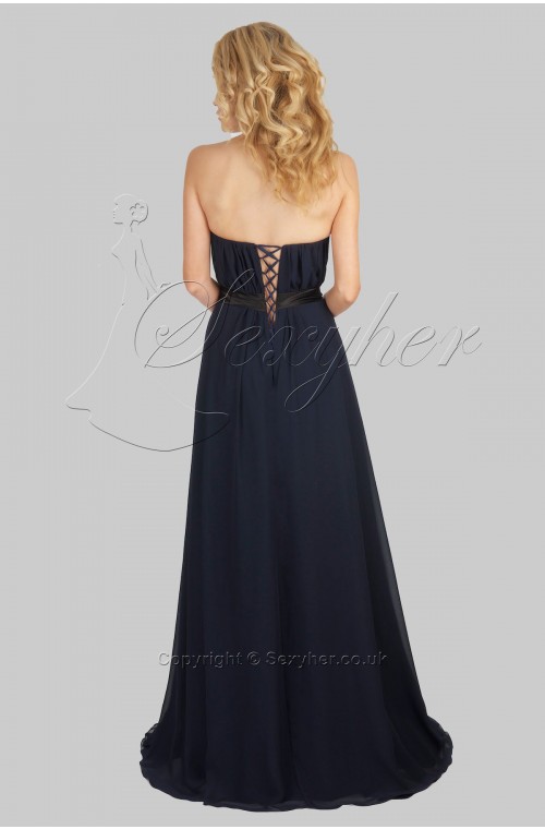 Elegant Long Midnight Blue Evening Gown With Embroidery & Beads