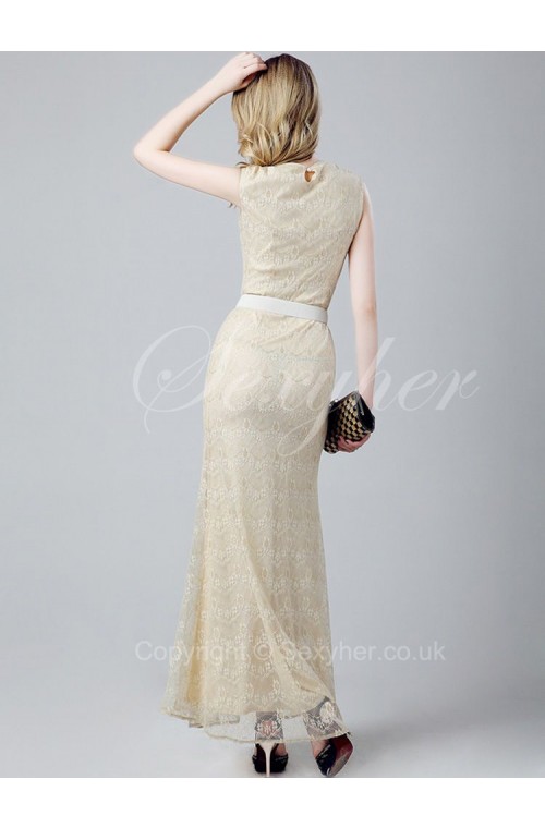 Elegant Sleeveless Embroidery Long Evening Formal Dress with Waist Belt