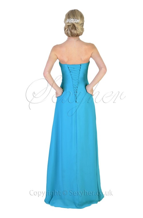 Glamorous Pleated Turquoise Lace Back Long Prom Bridesmaids Teal Dress