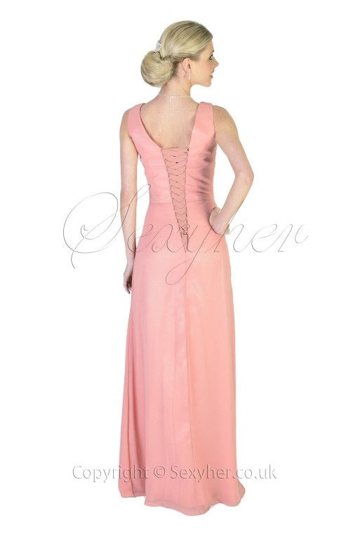 Beautiful Side Cut Dusky Pink Lace Back Long Bridesmaids Ball Gown Dress