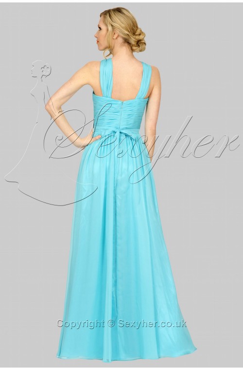 SEXYHER High Neck Draped Ruching Style Baby Blue Bridesmaids Formal Floor-length Evening Dress -EDJ1744