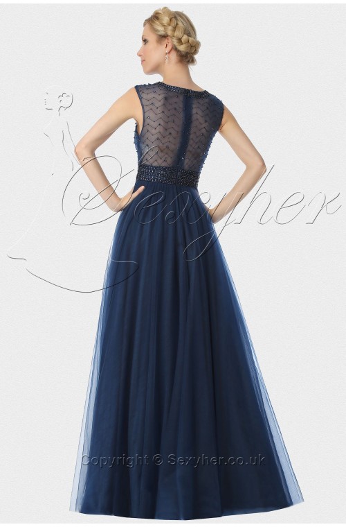 SEXYHER  Bateau Neckline Beading Details Dark Blue Bridesmaids Formal Evening Dress -EDJ1792