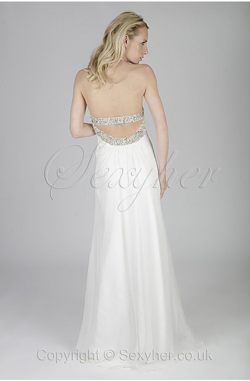 Beautiful Backless Cut Out Design White Evening Gown