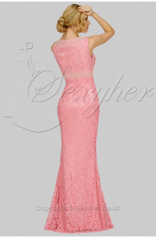 SEXYHER Charming Trumpet Mermaid Lace Covered Beading Long Evening Pink Bridesmaid Dress - EDY8029