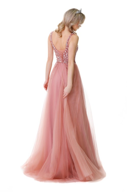 Long sequinned top prom dress with side slit and sweep train -EG4001
