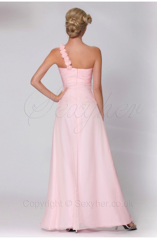 Elegant One Shoulder Baby Pink Evening Bridesmaid Dress With Flowers
