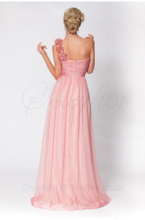 Romantic One Shoulder Champagne,Light Dusky Pink Bridesmaids Evening Dress With Beautiful Flowers
