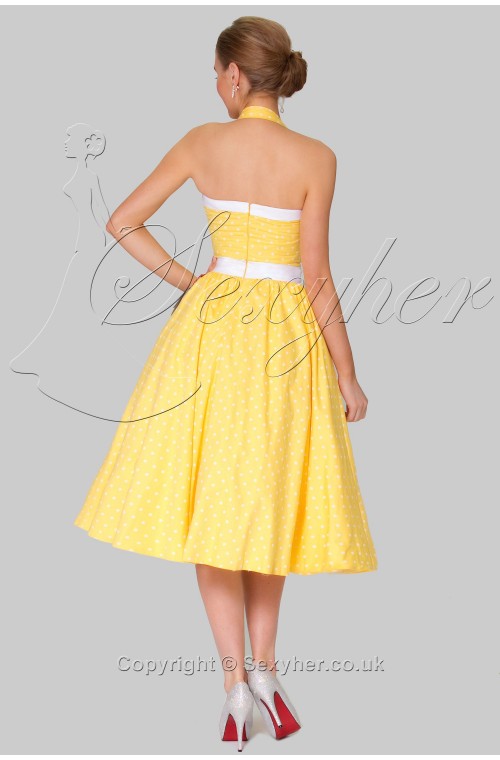 SEXYHER Ladies 1950's Vintage Style Halterneck Yellow Polka Dot Classic Dress - RBJW1604